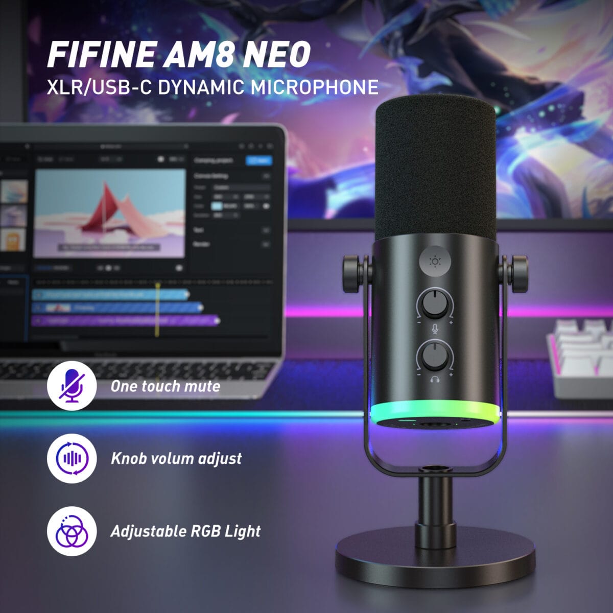 FIFINE AM8 NEO XLR/USB-C Dynamic Microphone with RGB Lighting & Real-Time Monitoring