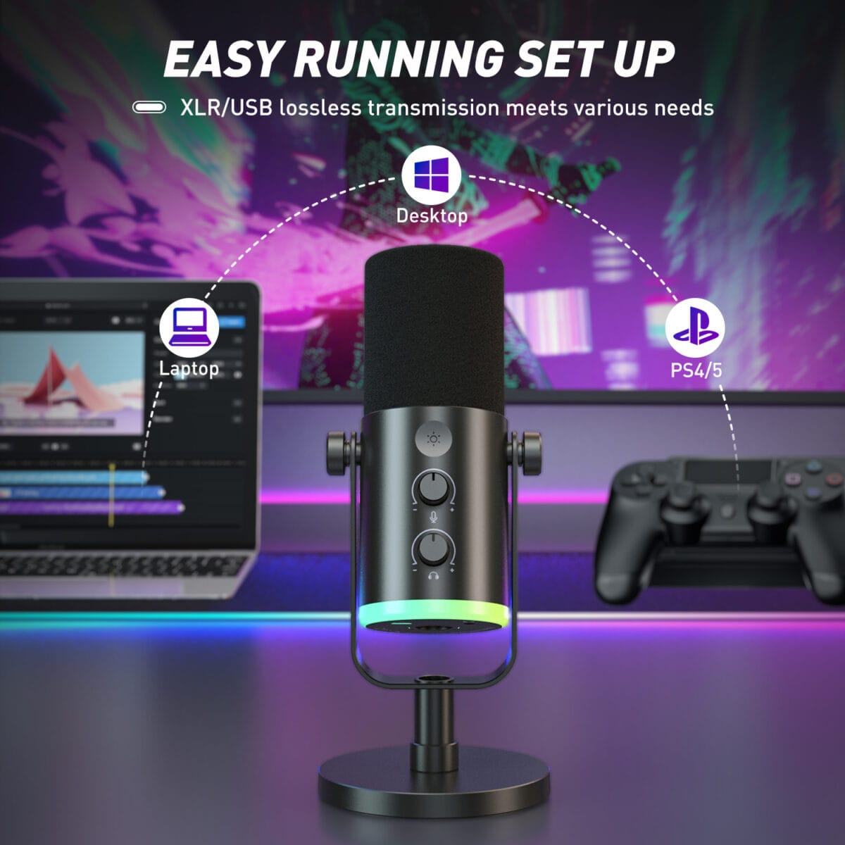 FIFINE AM8 NEO XLR/USB-C Dynamic Microphone with RGB Lighting & Real-Time Monitoring