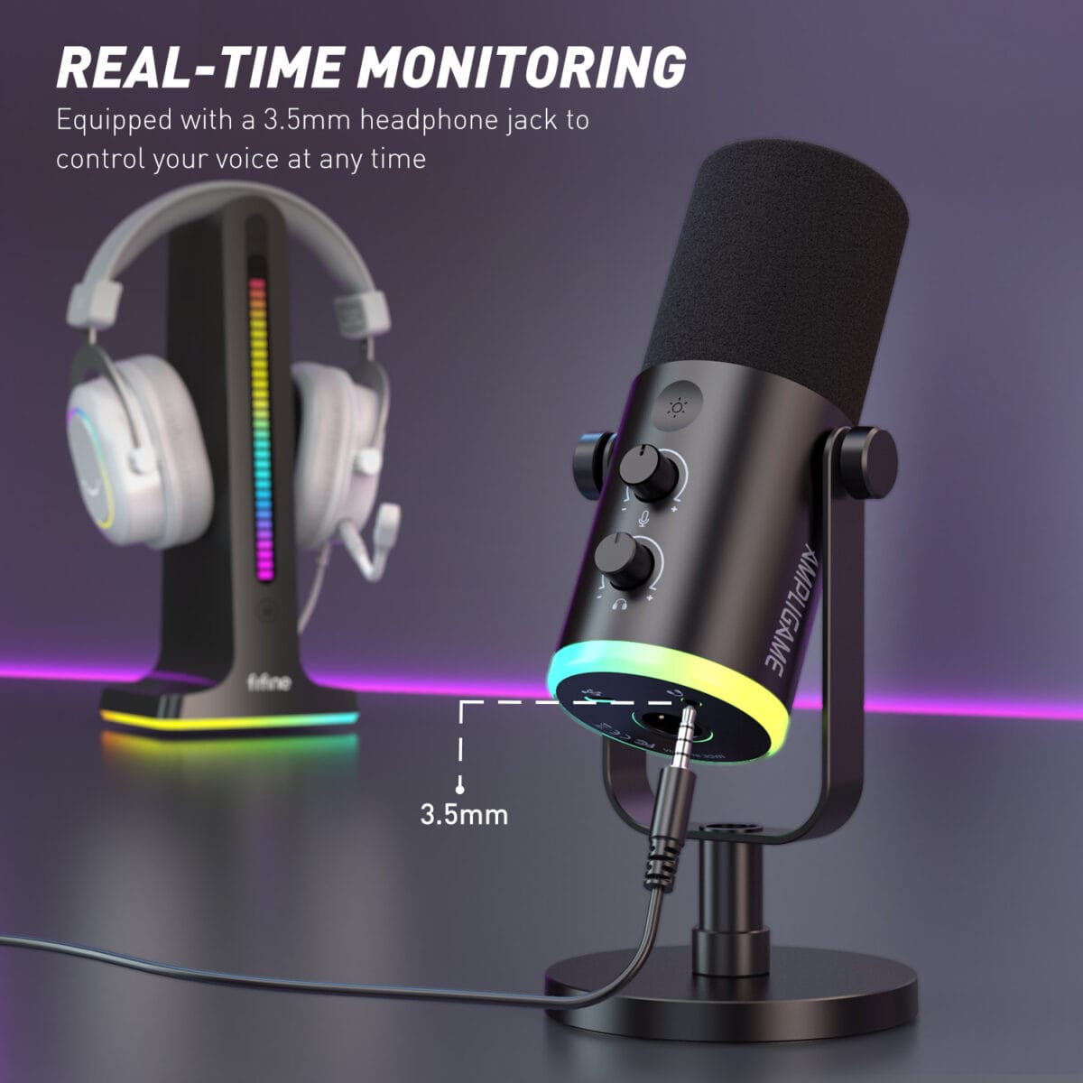 FIFINE AM8 NEO XLR/USB-C Dynamic Microphone with RGB Lighting & Real-Time Monitoring